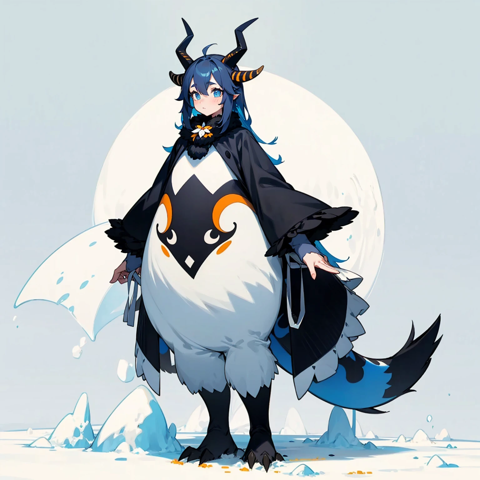 Full body version, watusi mixed with penguin, blue eyes, has long horns, largest body, tall height, Grassroots in snow