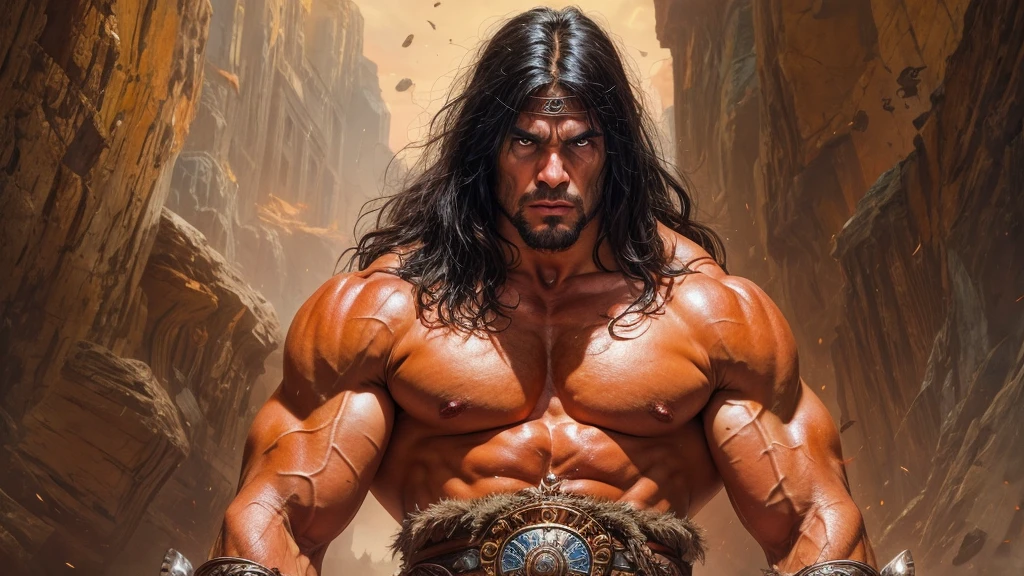 Extremely muscular man, chiseled features, washboard stomach, detailed hands, one thumb on each hand, four fingers on each hand, dark hair, detailed eyes, fierce expression, conan the barbarian, frank frazetta style painting, 