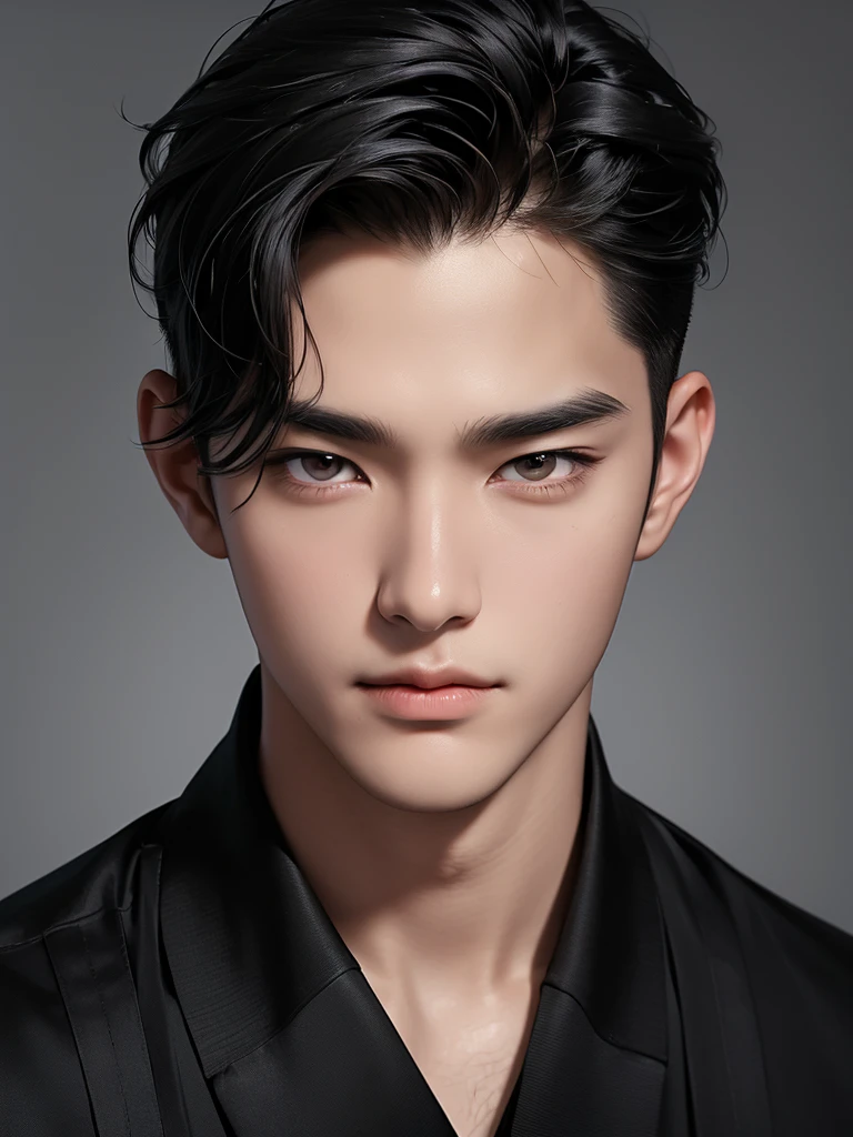 ((High quality)), ((masterpiece)), ((highly detailed)), perfect face, realistic, ((man)), ((Asian)), black hair, korean boy, portrait, cute guy, handsome guy, grey wallpaper, brown eyes, sharp eyes