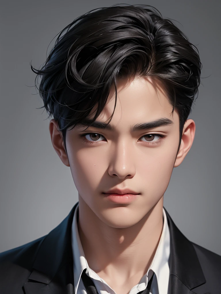 ((High quality)), ((masterpiece)), ((highly detailed)), perfect face, realistic, ((man)), ((Asian)), black hair, korean boy, portrait, cute guy, handsome guy, grey wallpaper, brown eyes, sharp eyes