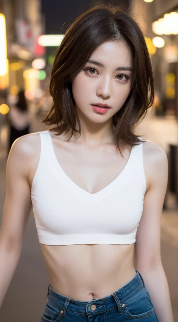 ((Realistic lighting, Best quality, 8K, Masterpiece: 1.3)), Clear focus: 1.2, 1girl, Perfect Figure: 1.4, Slim Abs: 1.1, ((Dark brown hair)), (White crop top: 1.4), (Outdoor, Night: 1.1), City streets, Super fine face, Fine eyes, Double eyelids,