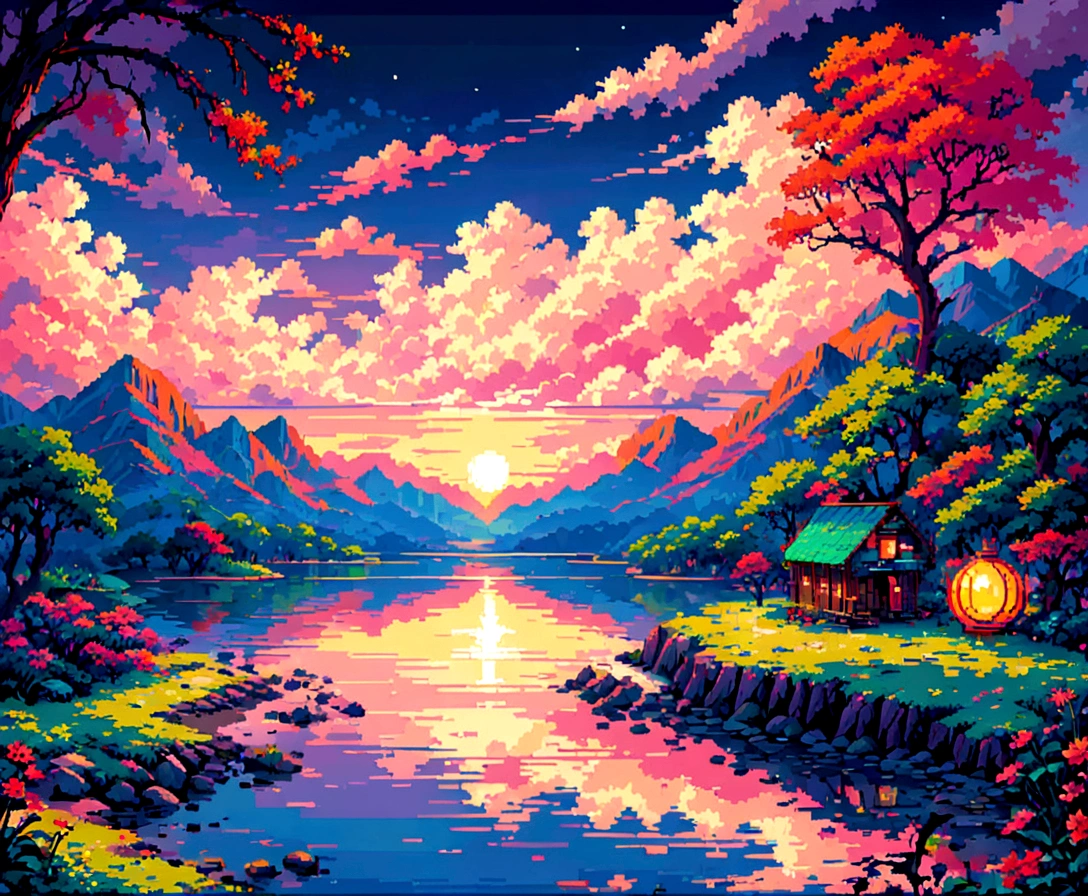 Pixel art, (masterpiece),( Highest quality),Smooth animations,Immersive Storytelling,infinite possibilities,Super detailed,Vibrant colors,Sunset lighting,Detailed pixelated characters,Dynamic Background,Colorful landscapes,Retro games,80s atmosphere,Neon Signs,Reflection effect,Pixel perfect,night
