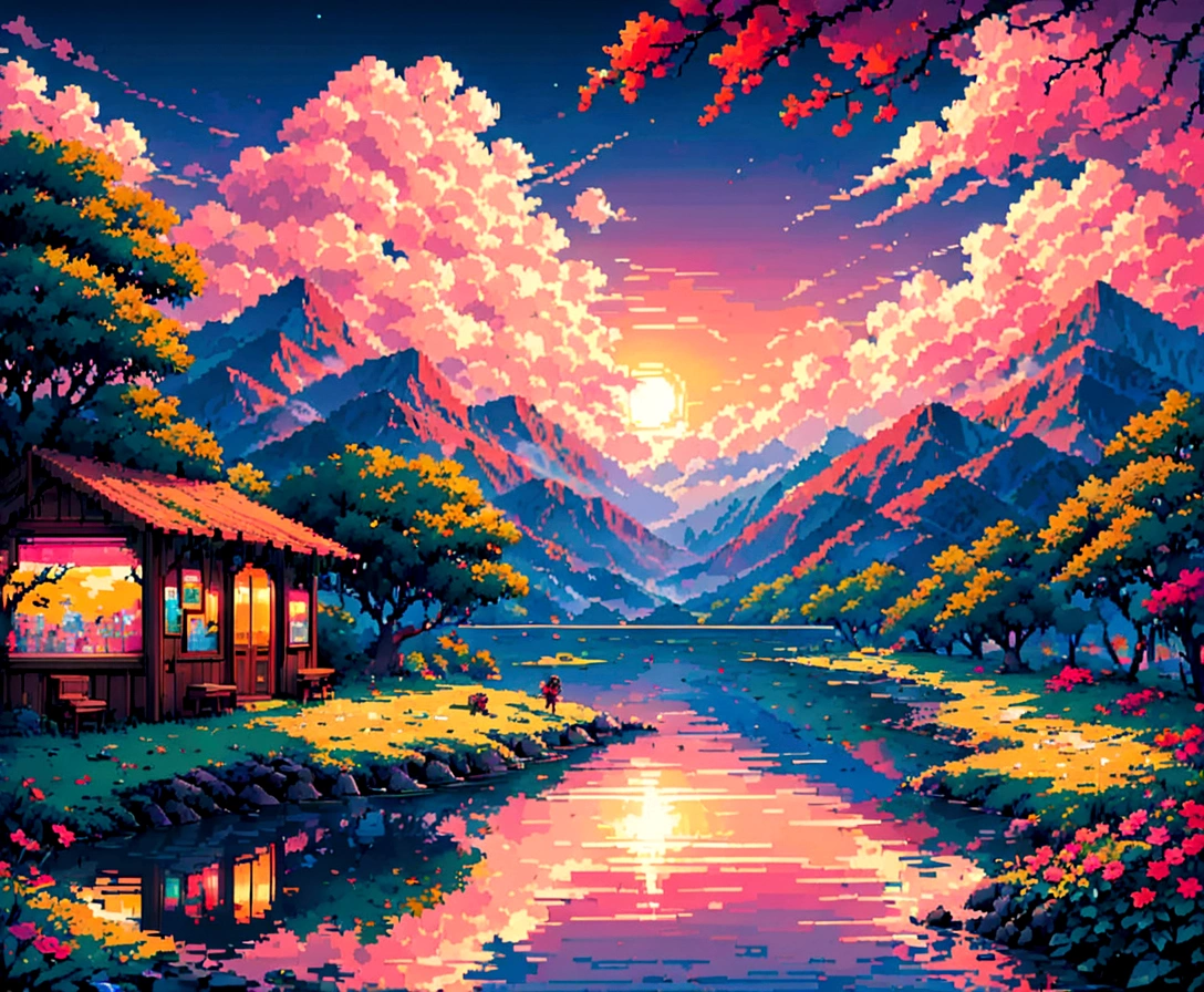 Pixel art, (masterpiece),( Highest quality),Smooth animations,Immersive Storytelling,infinite possibilities,Super detailed,Vibrant colors,Sunset lighting,Detailed pixelated characters,Dynamic Background,Colorful landscapes,Retro games,80s atmosphere,Neon Signs,Reflection effect,Pixel perfect,night