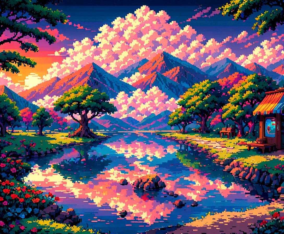Pixel art, (masterpiece),( Highest quality),Smooth animations,Immersive Storytelling,infinite possibilities,Super detailed,Vibrant colors,Sunset lighting,Detailed pixelated characters,Dynamic Background,Colorful landscapes,Retro games,80s atmosphere,Neon Signs,Reflection effect,Pixel perfect,night