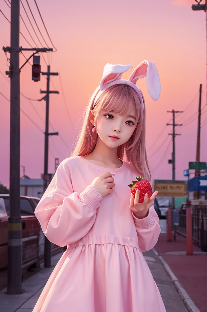Rabbit、Dropped ears、Wearing pale pink clothing、Night pink sky background、strawberry、An illustration