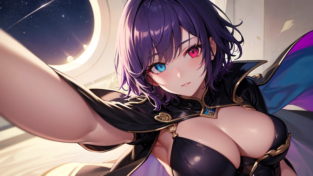 Highest quality, 8K, 4K, High resolution, (Beautifully detailed face), High Contrast,1girl,only,short hair,purple hair,heterochromia(red eyes,blue eyes),Upper Eye,Large Breasts,night,,leotard,Cape,The clothes are mainly black