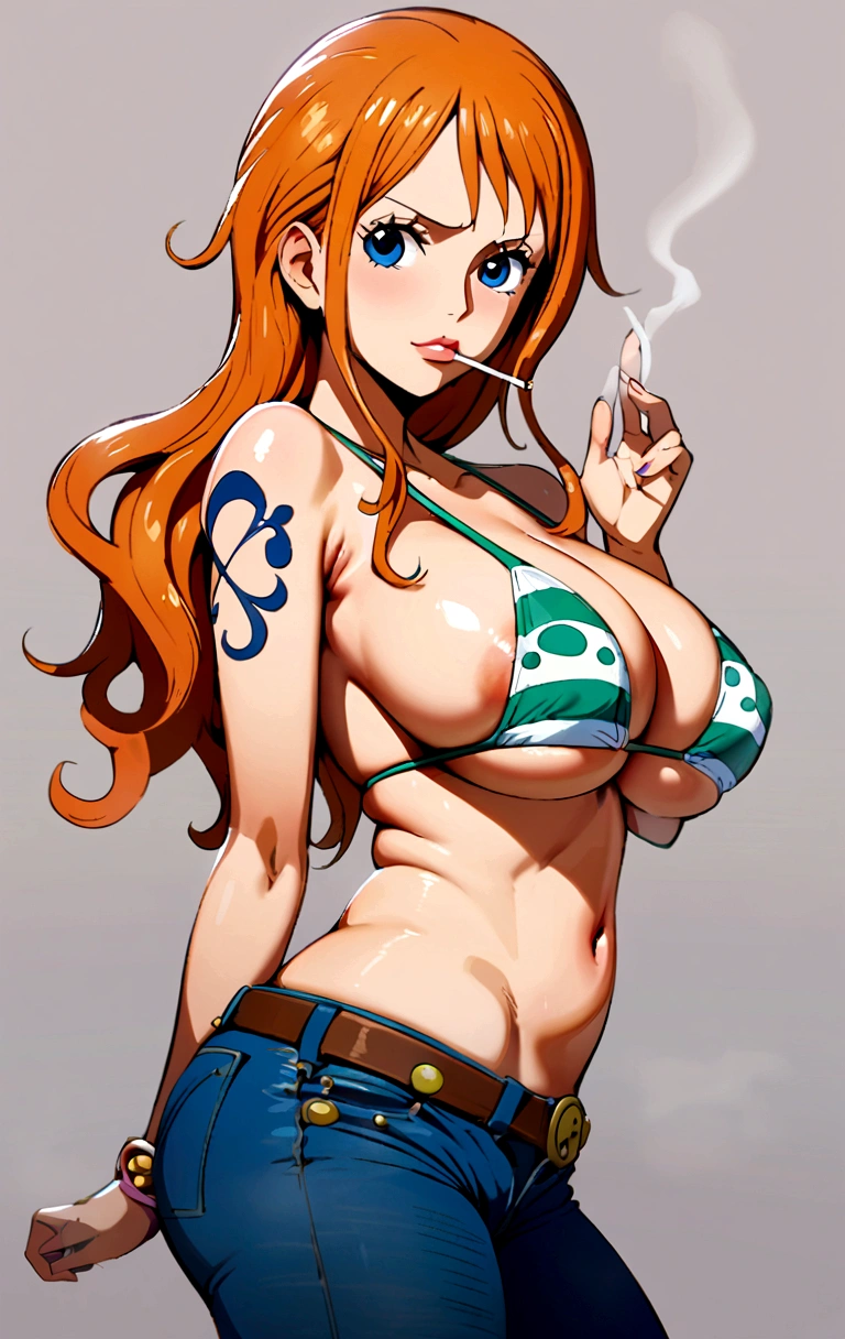 a cartoon picture of a woman in a bikini top and jeans, nami one piece, nami from one piece, nami, beautiful portrait of nami, from one piece, oppai, blue eyes, smoking, ponytail, nsfw