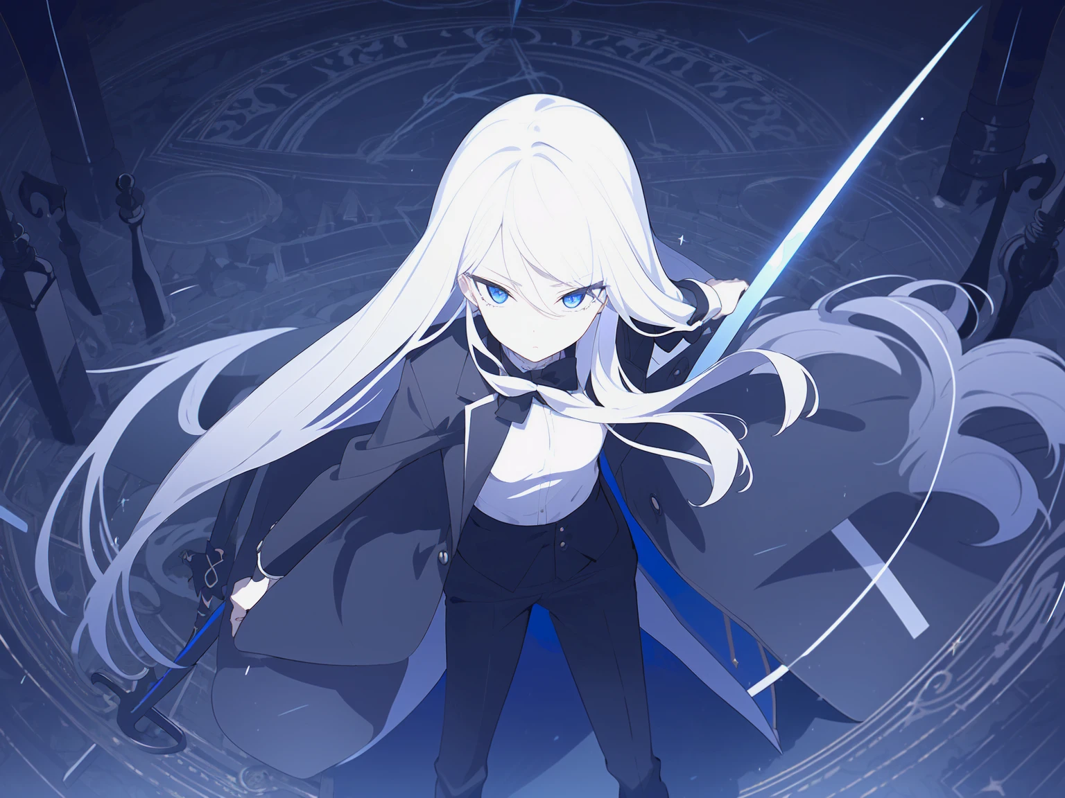 (Highest quality), (High resolution), (masterpiece), (Super detailed), (Highest quality), (High resolution), (masterpiece), (Super detailed), (Bright saturation), Long Hair, White Hair, Heterogeneous eyes: purple left eye and blue right eye, Blue Archive Art Style, One girl, With a black sword, Left hand in pocket, ,(Black long coat, White shirt, Black tie, Black trousers, suit,) whole body, Many swords stuck in the ground, Girl, Magic circle in the background, Expressionless, Dark Aura, Black Light, Vivid saturation, 頭の後ろにBlack Light輪, Small breasts