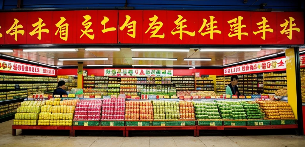 Demonstration poster of the Asian market store. On the poster Korean noodle buldak, fruit cocktails, sour candies