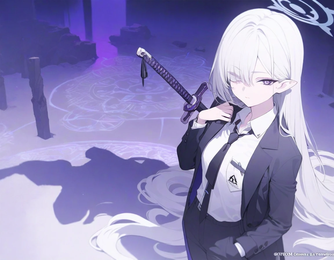 (Highest quality), (High resolution), (masterpiece), (Super detailed), (Highest quality), (High resolution), (masterpiece), (Super detailed), (Bright saturation), Long Hair, White Hair, Heterogeneous eyes: purple left eye and blue right eye, Blue Archive Art Style, One girl, With a black sword, Left hand in pocket, ,(Black long coat, White shirt, Black tie, Black trousers, suit,) whole body, Many swords stuck in the ground, Girl, Magic circle in the background, Expressionless, Dark Aura, Black Light, Vivid saturation, Black Light輪, Small breasts
