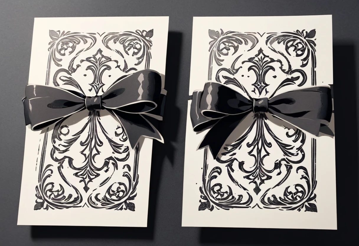 masterpiece、super beautiful、8K、Asymmetric、Long wavy ribbon、flat、An illustration of a ribbon tied in a bowknot, drawn with worn lines in the style of medieval black and white letterpress printing.