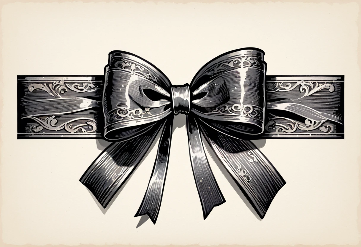 masterpiece、super beautiful、８K、Asymmetric、Long wavy ribbon、flat、An illustration of a ribbon tied in a bowknot, drawn with worn lines in the style of medieval black and white letterpress printing.