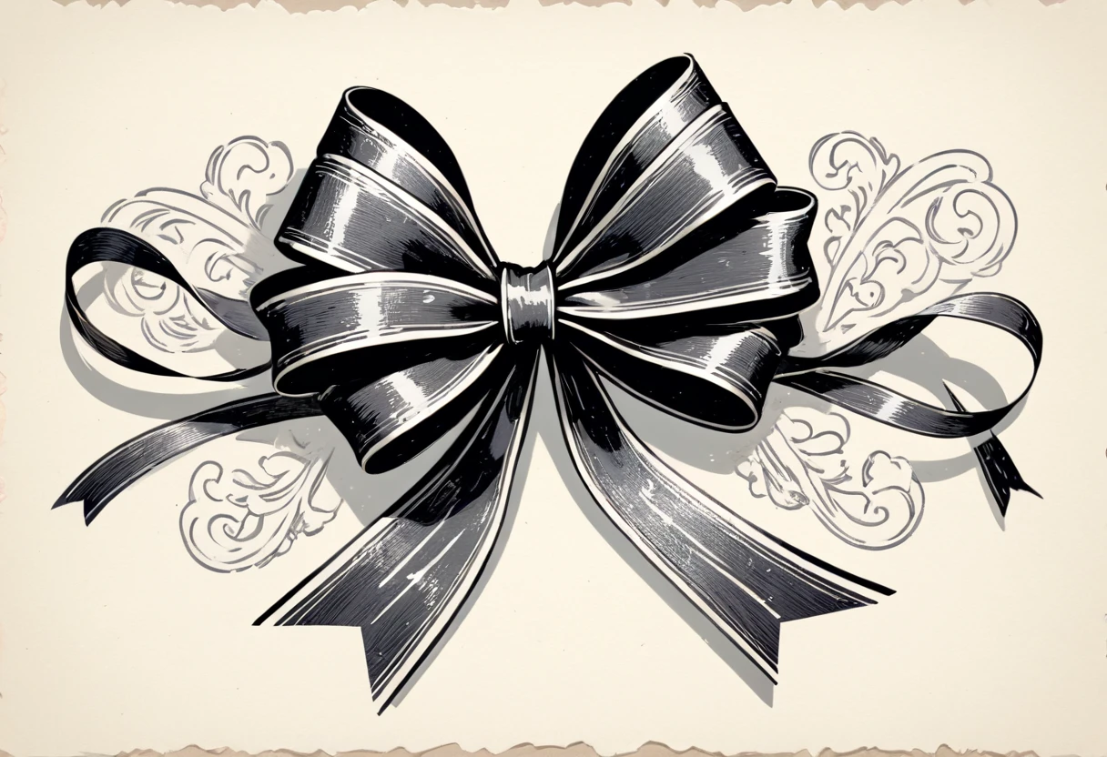 masterpiece、super beautiful、8K、Asymmetric、Long wavy ribbon、flat、An illustration of a ribbon tied in a bowknot, drawn with worn lines in the style of medieval black and white letterpress printing.