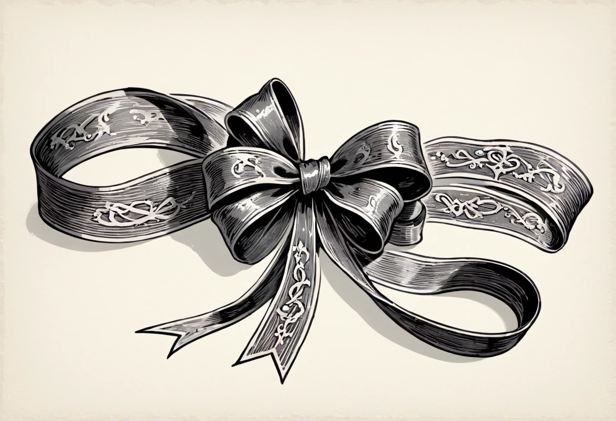 masterpiece、super beautiful、8K、Asymmetric、Long wavy ribbon、flat、An illustration of a ribbon tied in a bowknot, drawn with worn lines in the style of medieval black and white letterpress printing.