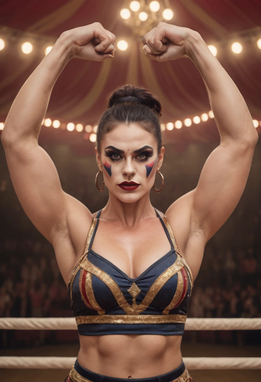 Half portrait of a circus strong woman with enormous bulging muscles, lifting a heavy weight overhead. Highly detailed pretty face and eyes, theatrical greasepaint makeup. BREAK in the ring in a circus tent with a full crowd. vibrant, photo realism, Masterpiece, (8k), (32k), UHD, highest-quality, intricate details, highly detailed, best artist, immaculate micro-details, sharp edges, detailed textures, cinematic, atmospheric lighting, visually stunning, perfect composition