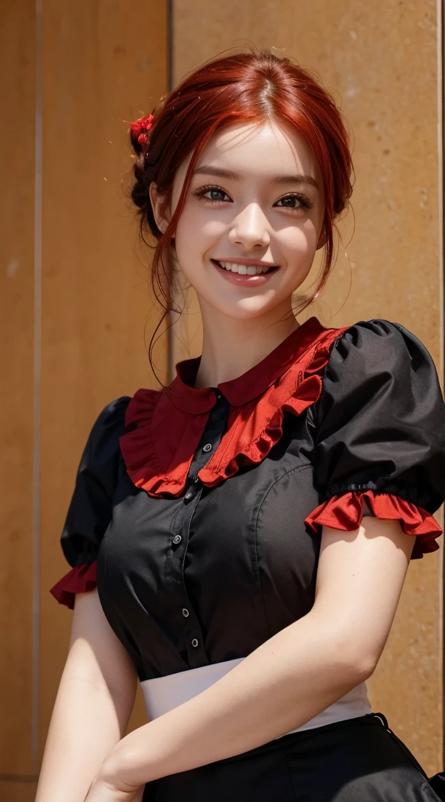 Highest quality, masterpiece, Black Hair, Red eyes, look up, Upper Body, cute, Frilled shirt, smile,Redhead