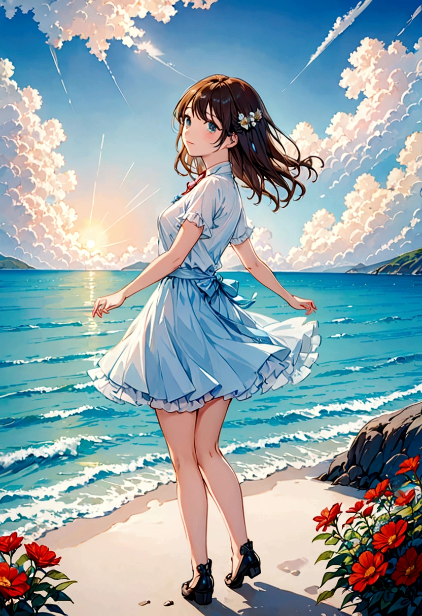 1 girl,alone,blue sky, Ocean, Short skirt, (Highly detailed background:1.0), (Highly detailed background:1.0),
