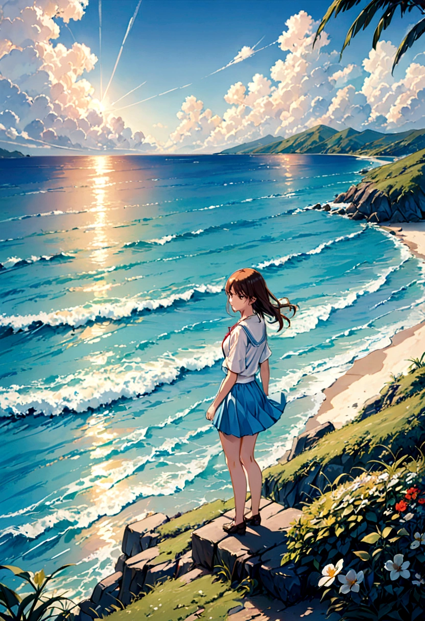 1 girl,alone,blue sky, Ocean, Short skirt, (Highly detailed background:1.0), (Highly detailed background:1.0),
