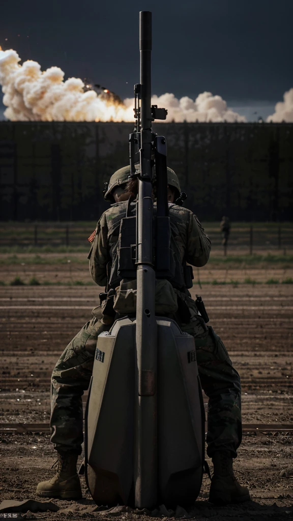 Imagine a scene where many American soldiers standing in line having their hands up in surrendered style, they are standing shoulder to shoulder  in a single straight line at a long distance wearing US military uniform with their backside facing the another soldier wearing  Germany military uniform and carrying machine gun and firing at the American soldiers, the soldiers are dying one by one by hitting with bullets.