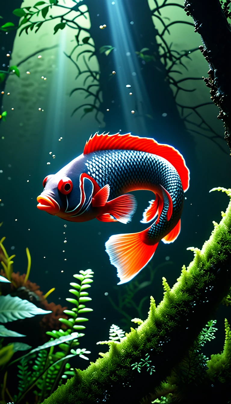 Panorama，河里有一种Mysterious Creatures：Red fish body，Human face，Mysterious Creatures, shrike, (best quality，4K，8K，High level，masterpiece：1.2），Ultra Detailed，（lifelike，Photo real，Photo real：1.37），Highly detailed animals，Complex patterns，Realistic lighting，Fantasy Creatures