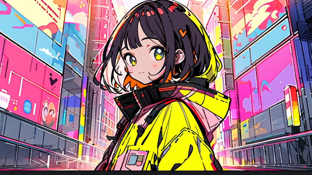 ​masterpiece, top-quality, 1girl in, City Pop, natta, Look at another one, The upper part of the body, vector illustrations, jaket, Smile, bluntbangs, length hair, lofi art, long straight hair style,