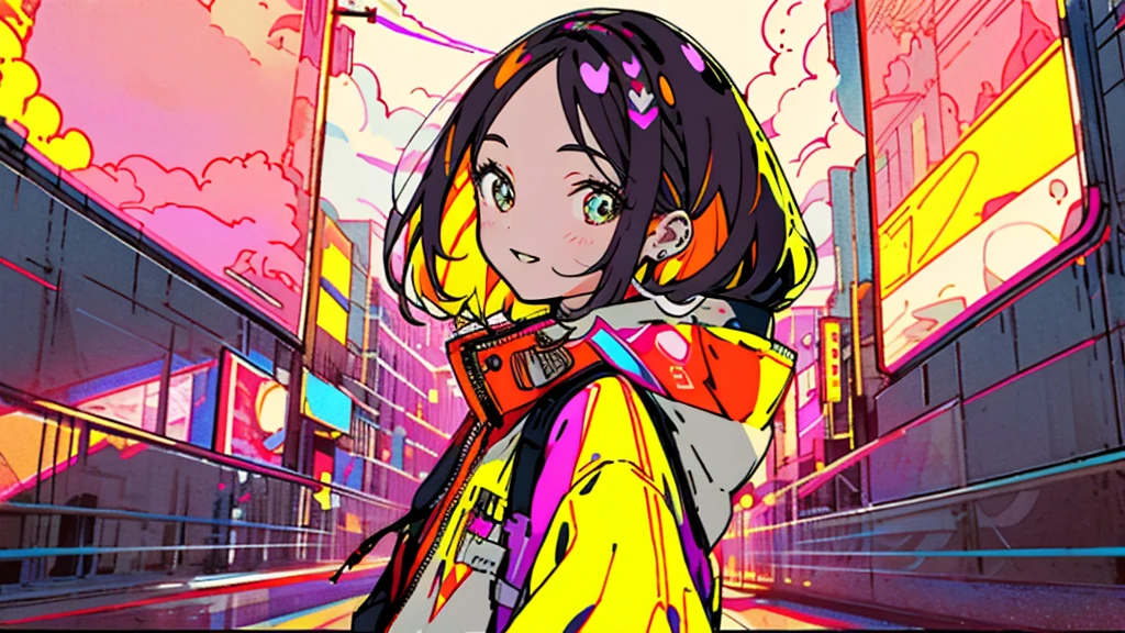 masterpiece, top-quality, 1girl in, City Pop, natta, Look at another one, The upper part of the body, vector illustrations, jaket, Smile, bluntbangs, length hair, lofi art, long straight hair style,