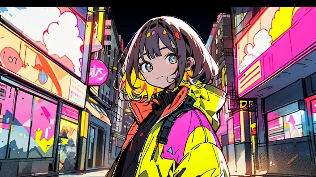 ​masterpiece, top-quality, 1girl in, City Pop, natta, Look at another one, The upper part of the body, vector illustrations, jaket, Smile, bluntbangs, length hair, lofi art, long straight hair style,