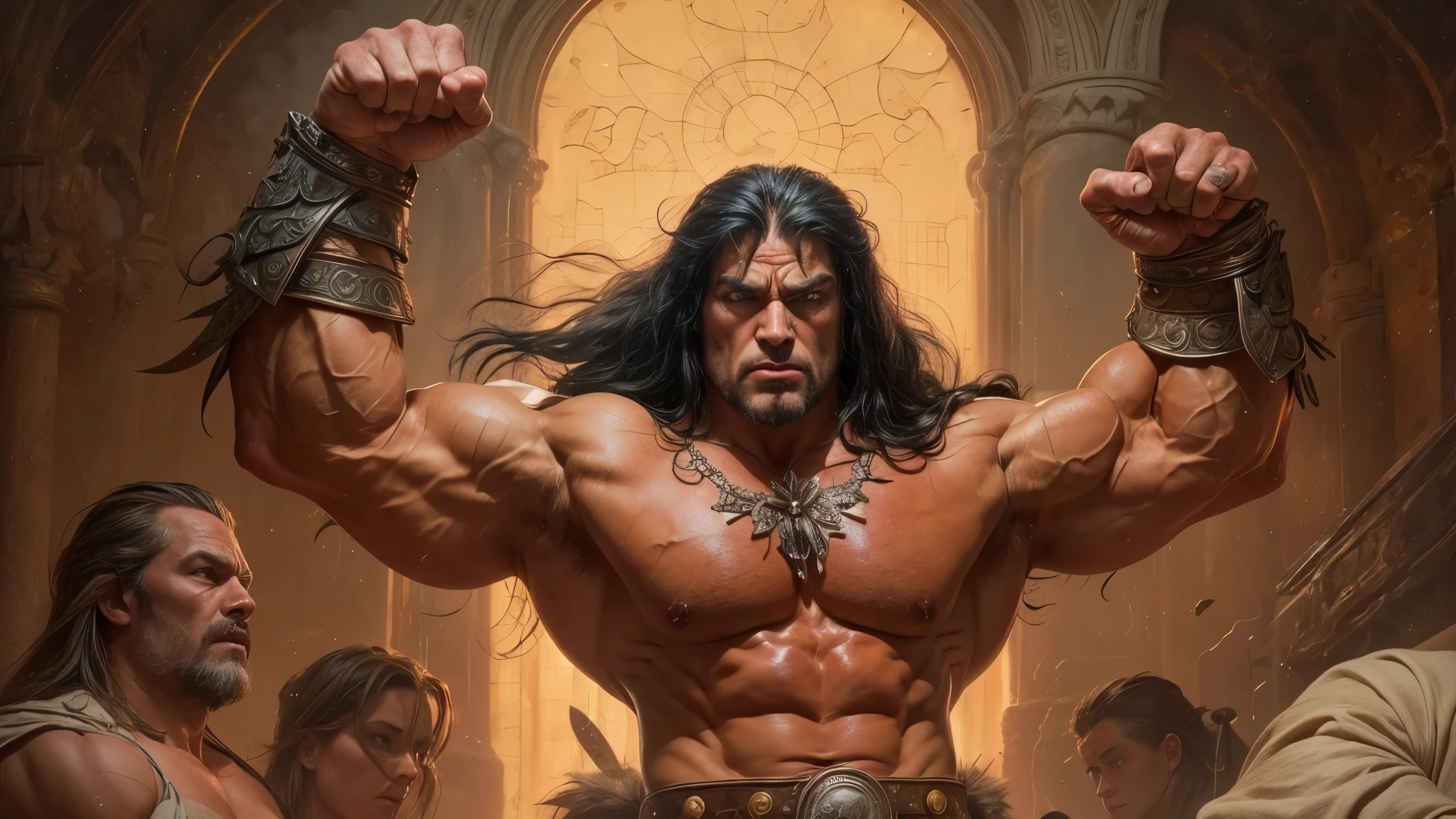 Extremely muscular man, chiseled features, washboard stomach, detailed hands, one thumb on each hand, four fingers on each hand, dark hair, detailed eyes, fierce expression, conan the barbarian, frank frazetta style painting, 