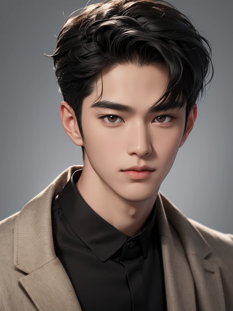 ((High quality)), ((masterpiece)), ((highly detailed)), perfect face, realistic, ((man)), ((Asian)), black hair, korean boy, portrait, cute guy, handsome guy, grey wallpaper, brown eyes