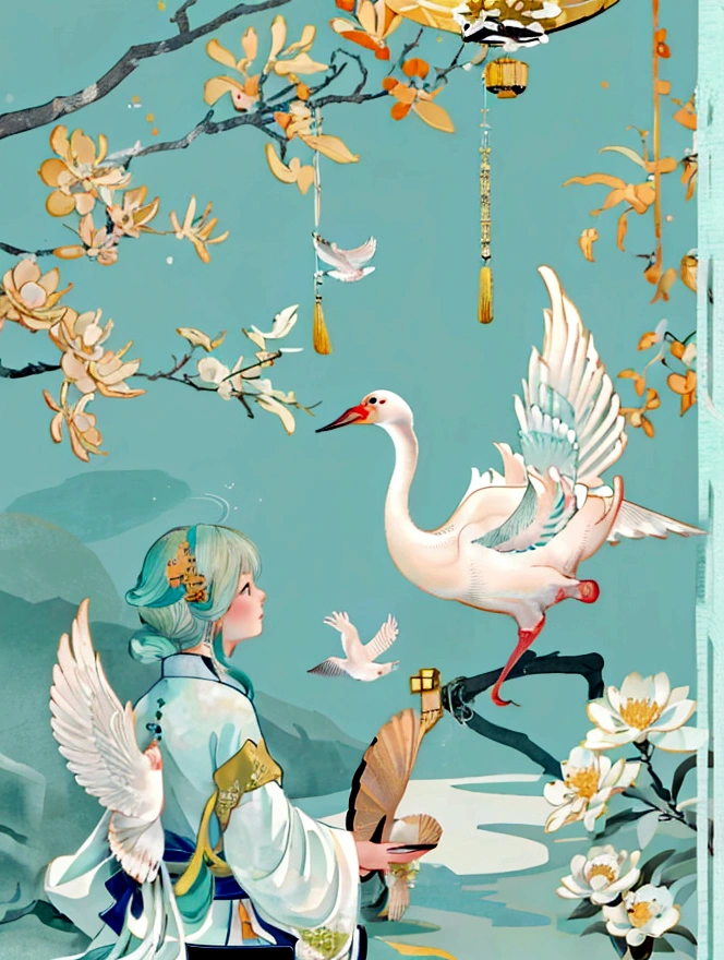 Song dynasty murals，Rice paper painting，Cyan light beige，Chinese eaves，Crane，white crane，White Space，Minimalist style，Fine brushwork，Extremely fine details，Exquisite style，New Chinese，landscape，Symmetrical composition