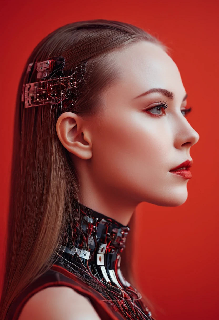 A beautiful ((evil slavic woman)), pale skin, long dark blond hair, with robotic features as a closeup shot of the face and neck, with circuitry on her skin, clean lines, minimal details, cyberpunk, portrayed in profile with a red background, futuristic design, in a 2D flat composition, red tones, digital art