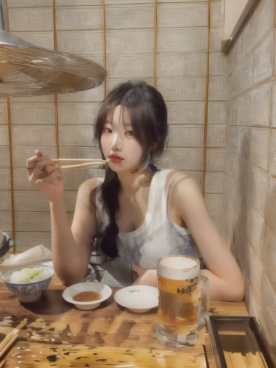 Woman sitting at table with bowl of food and chopsticks, Korean Girls, Ulzzang, Mukbang, Bae Suzy, Jaeyoung Nam, TWICE's Tzuyu, ❤🔥🍄🌪, Beautiful Korean Women, eat noodles, Choi Hong-hwa, with a drink, eat, Hime cut, Gombi