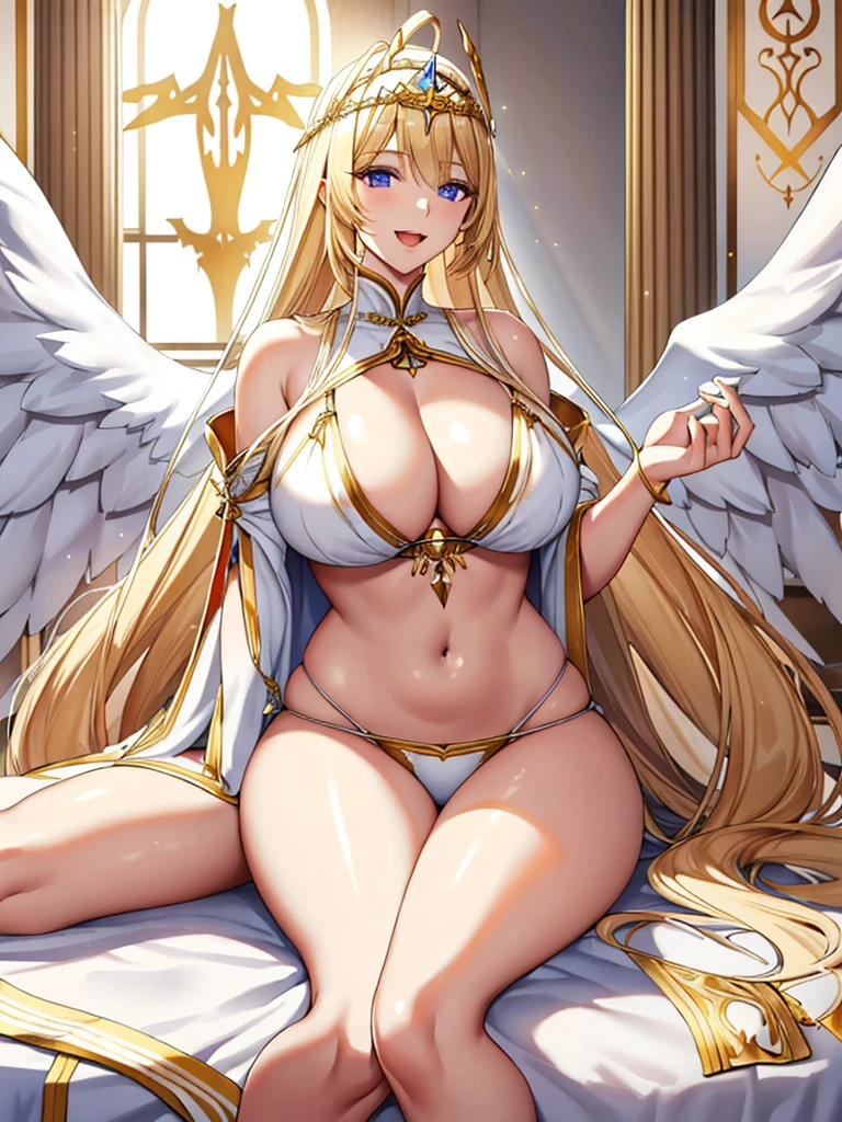 A priestess wearing a white bikini,Valkyrie、Beautiful long legs、Thick thighaternal、Body Length、chief、Sitting on the bed、Wearing a golden tiara、Angel Wings,belly button,simple,Particles of light,Thighs,Shiny skin,Big Mouth、Perfect lighting, One adult woman, Open Mouth Smile、（Highest quality), maternal, Fair, porcelain-like skin、Big,光沢のあるsimple青い瞳、Very long honey blonde straight hair