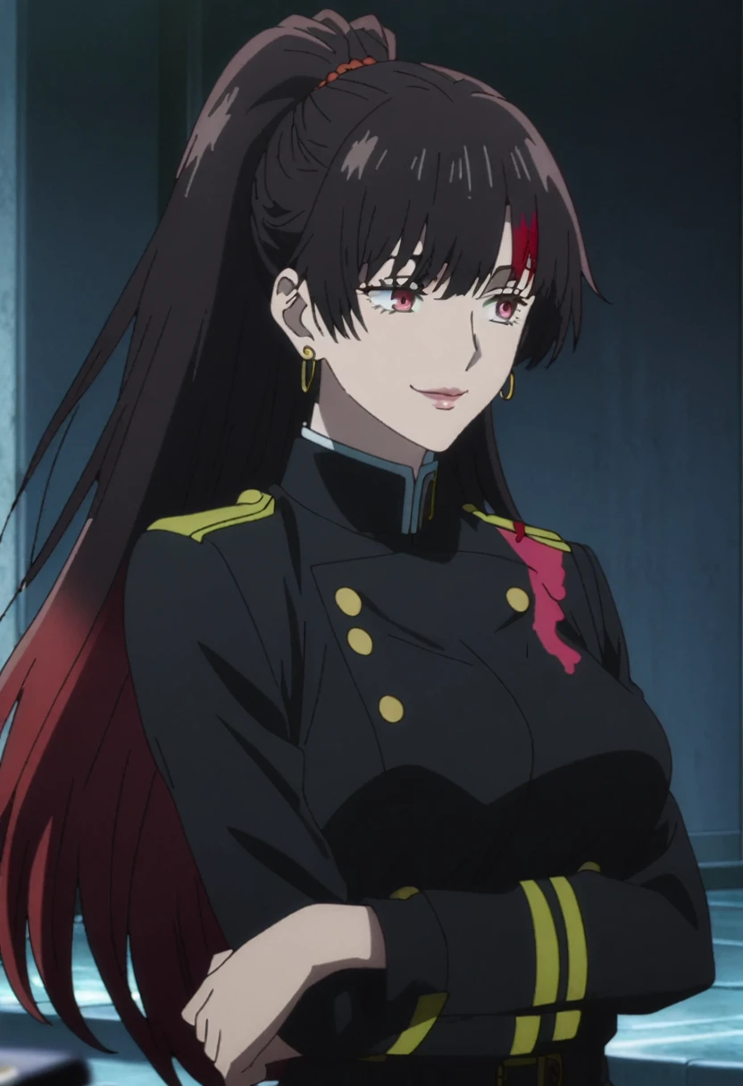 1girl, female gojo satoru, anime screencap from jujutsu kaisen, gojo satoru female version, solo, long_hair, Red eyes ((Black_hair)), night view, (hanging breasts) upper_body, smile, indoors, book, green_eyes, lips, (high ponytail) ((wearing black colour uniform with button)) breast, "very detailed and high resolution" (Red eyes) (cross arms) ((long hair)) ((solo)) (front view) (earings) ((high resolution)) ((good quality)) ((layered hair)) ((red colour texture on hair))