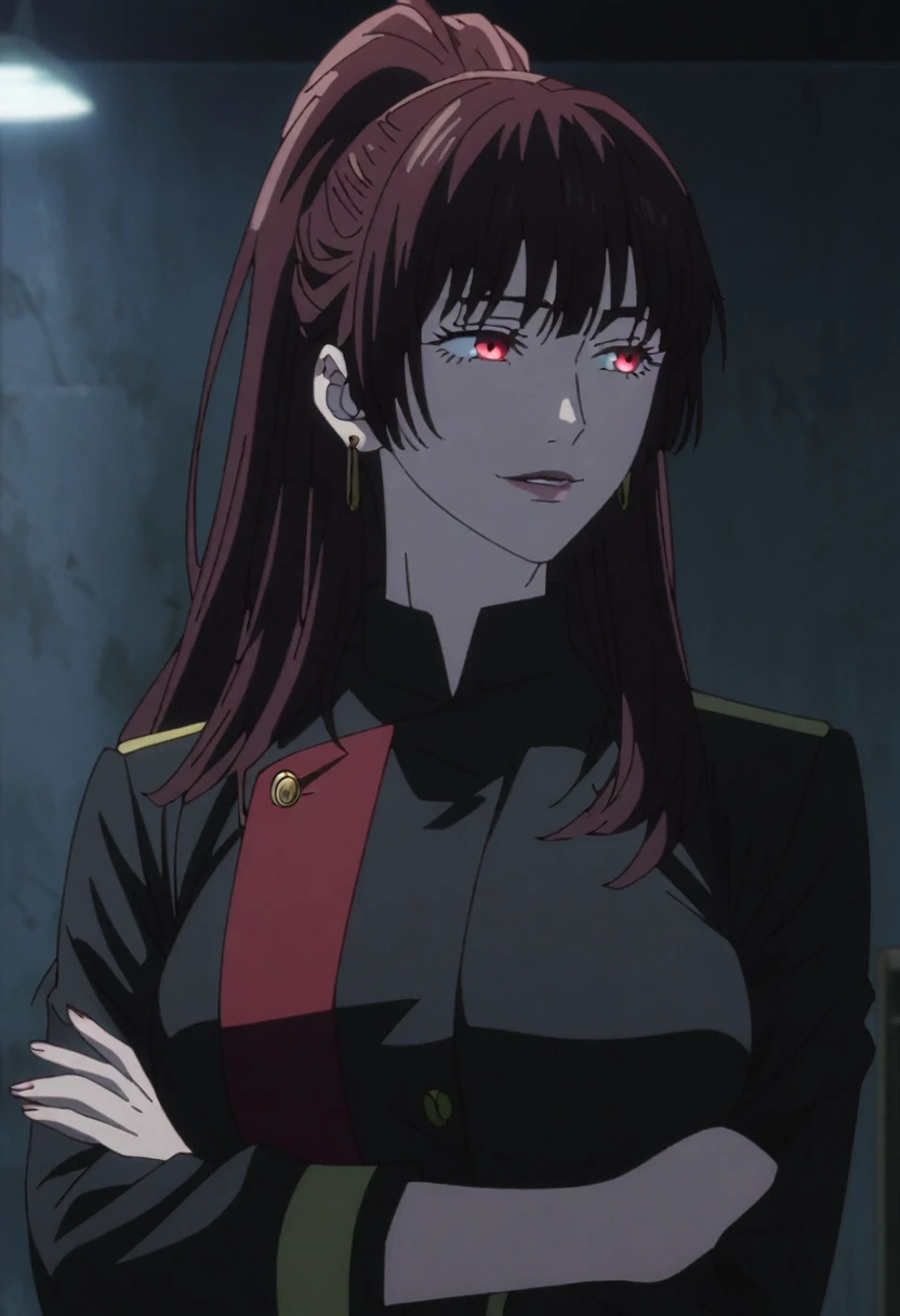 1girl, female gojo satoru, anime screencap from jujutsu kaisen, gojo satoru female version, solo, long_hair, Red eyes ((Black_hair)), night view, (hanging breasts) upper_body, smile, indoors, book, green_eyes, lips, (high ponytail) ((wearing black colour uniform with button)) breast, "very detailed and high resolution" (Red eyes) (cross arms) ((long hair)) ((solo)) (front view) (earings) ((high resolution)) ((good quality)) ((layered hair)) ((red colour texture on hair))