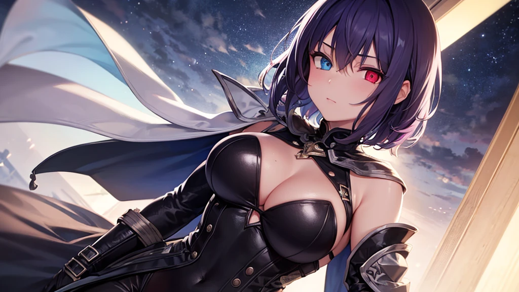 Highest quality, 8K, 4K, High resolution, (Beautifully detailed face), High Contrast,1girl,only,short hair,purple hair,heterochromia(red eyes,blue eyes),Upper Eye,Large Breasts,night,,leotard,Cape,The clothes are mainly black