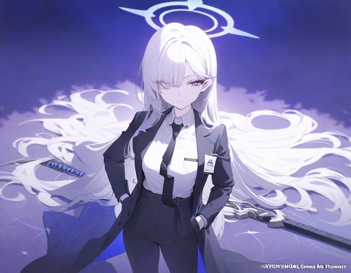 (Highest quality), (High resolution), (masterpiece), (Super detailed), (Highest quality), (High resolution), (masterpiece), (Super detailed), (Bright saturation), Long Hair, White Hair, Heterogeneous eyes: purple left eye and blue right eye, Blue Archive Art Style, One girl, With a black sword, Left hand in pocket, ,(Black long coat, White shirt, Black tie, Black trousers, suit,) whole body, Many swords stuck in the ground, Girl, Magic circle in the background, Expressionless, Dark Aura, Black Light, Vivid saturation, Black Light輪, Small breasts