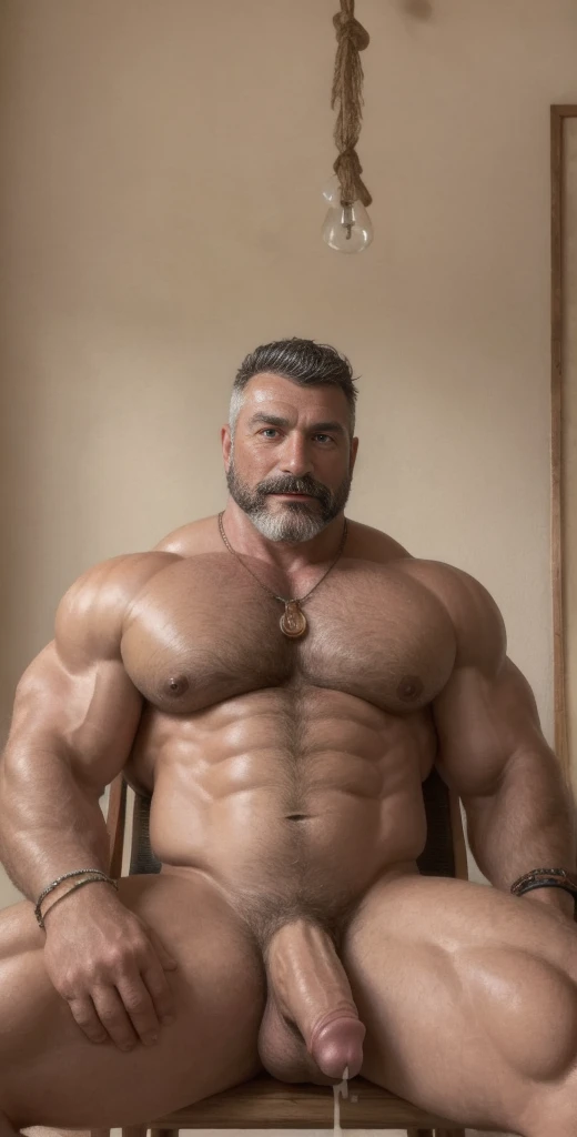 (masterpiece, intricately detailed, highest resolution, best quality:1.2),a cocky Turkish male model,a 80 y.o muscle dad with a muscular physique sitting on a chair with black eyes,shaved head, signature mustache, ((excessive cum, cum on body)), dark-skinned male, huge beard, mutton- chops, wearing chest harness, bracelets, necklace, jewelry, flaccid penis,saggy balls,hairy chest,vascular,muscle striations,soft light,fantastic realism,