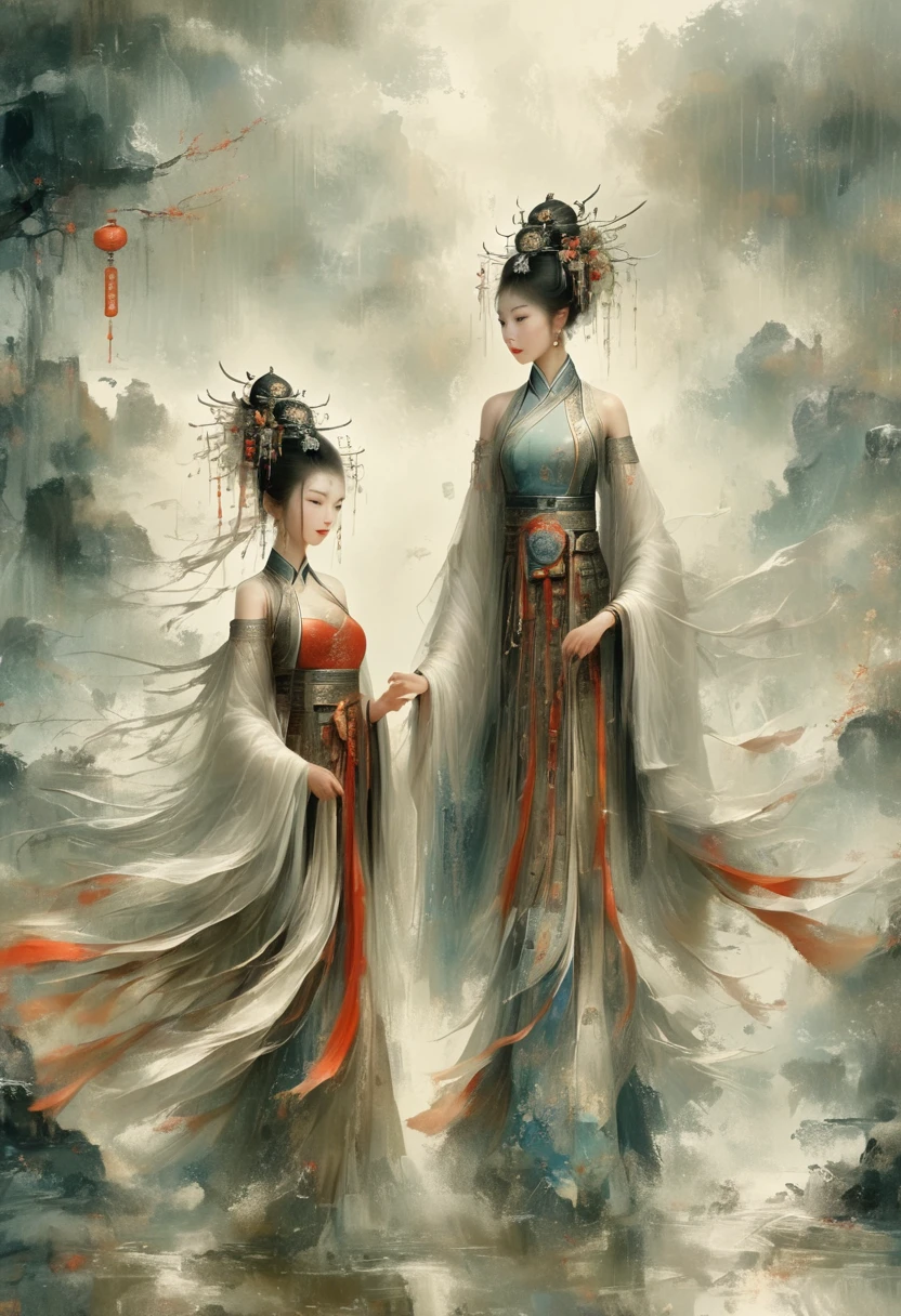 There is light rain under the sky, with elegant colors.A young ancient Chinese girl, with her hair tied up high, dressed in red and ancient armor, leading a horse， the background is the lively fair,the big scene, the big scene,Atmospheric , in style of faint watercolor