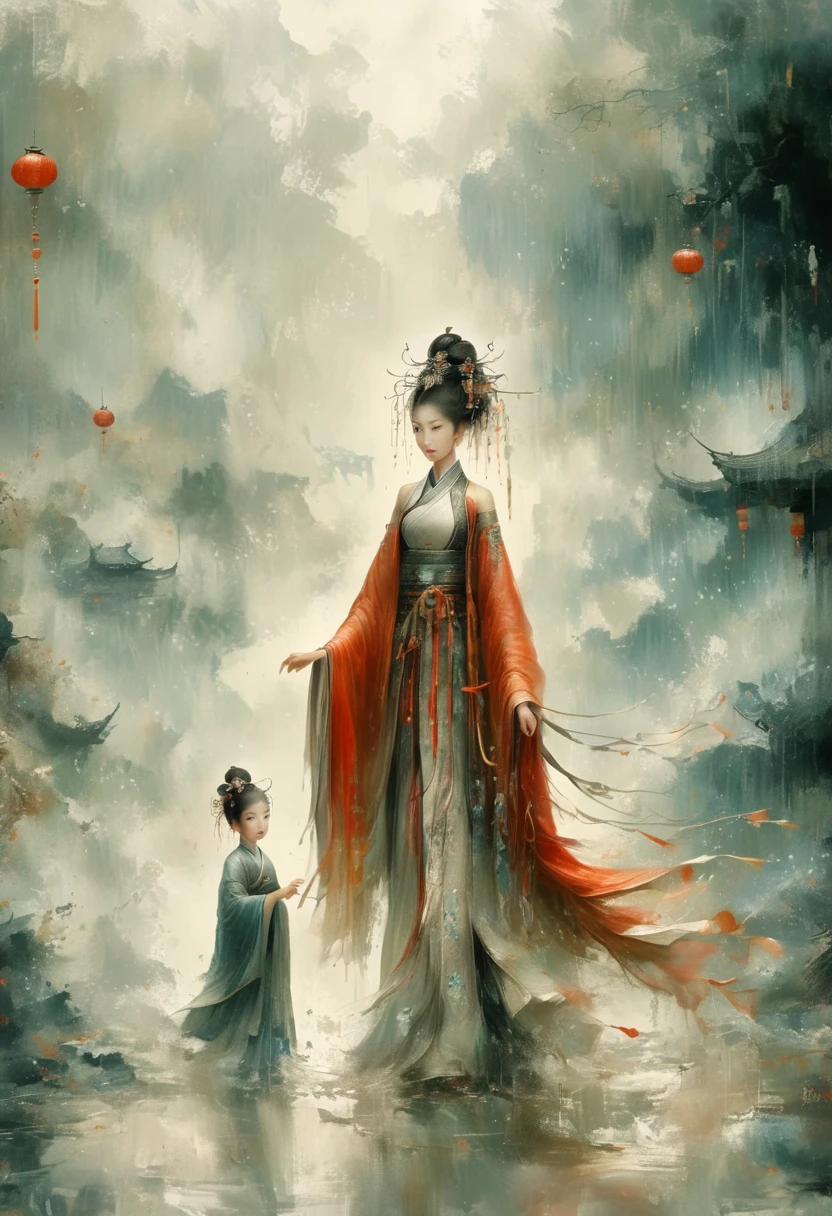 There is light rain under the sky, with elegant colors.A young ancient Chinese girl, with her hair tied up high, dressed in red and ancient armor, leading a horse, the background is the lively fair,the big scene, the big scene,Atmospheric , in style of faint watercolor