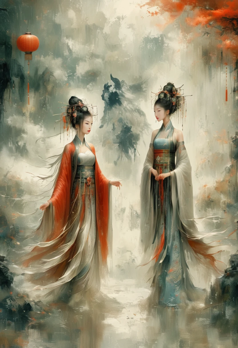 There is light rain under the sky, with elegant colors.A young ancient Chinese girl, with her hair tied up high, dressed in red and ancient armor, leading a horse, the background is the lively fair,the big scene, the big scene,Atmospheric , in style of faint watercolor