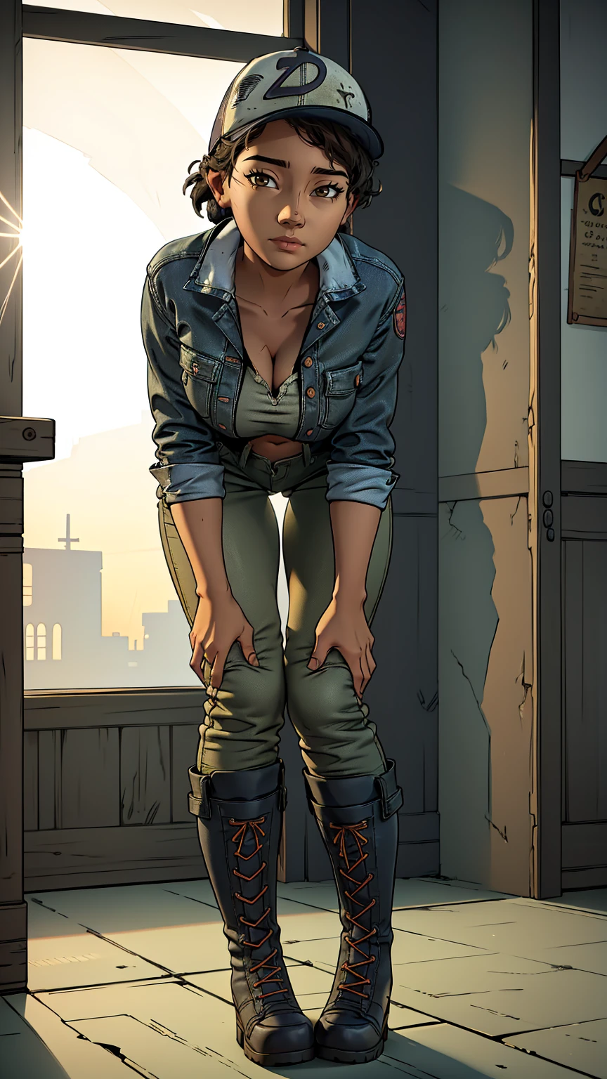 ((masterpiece, best quality)),(complex lighting) ,solo,(((1girl))) ,clementine, light skin,light-skinned female, baseball cap, green cargo pants, brown eyes, tight pants, combat boots, shirt, short hair, one short ponytail, open denim jacket, huge butt, thicc butt , (((8k))), (((full body))), (((bent over))), (((looking at the viewer))), (((view from in front of her))), big breasts