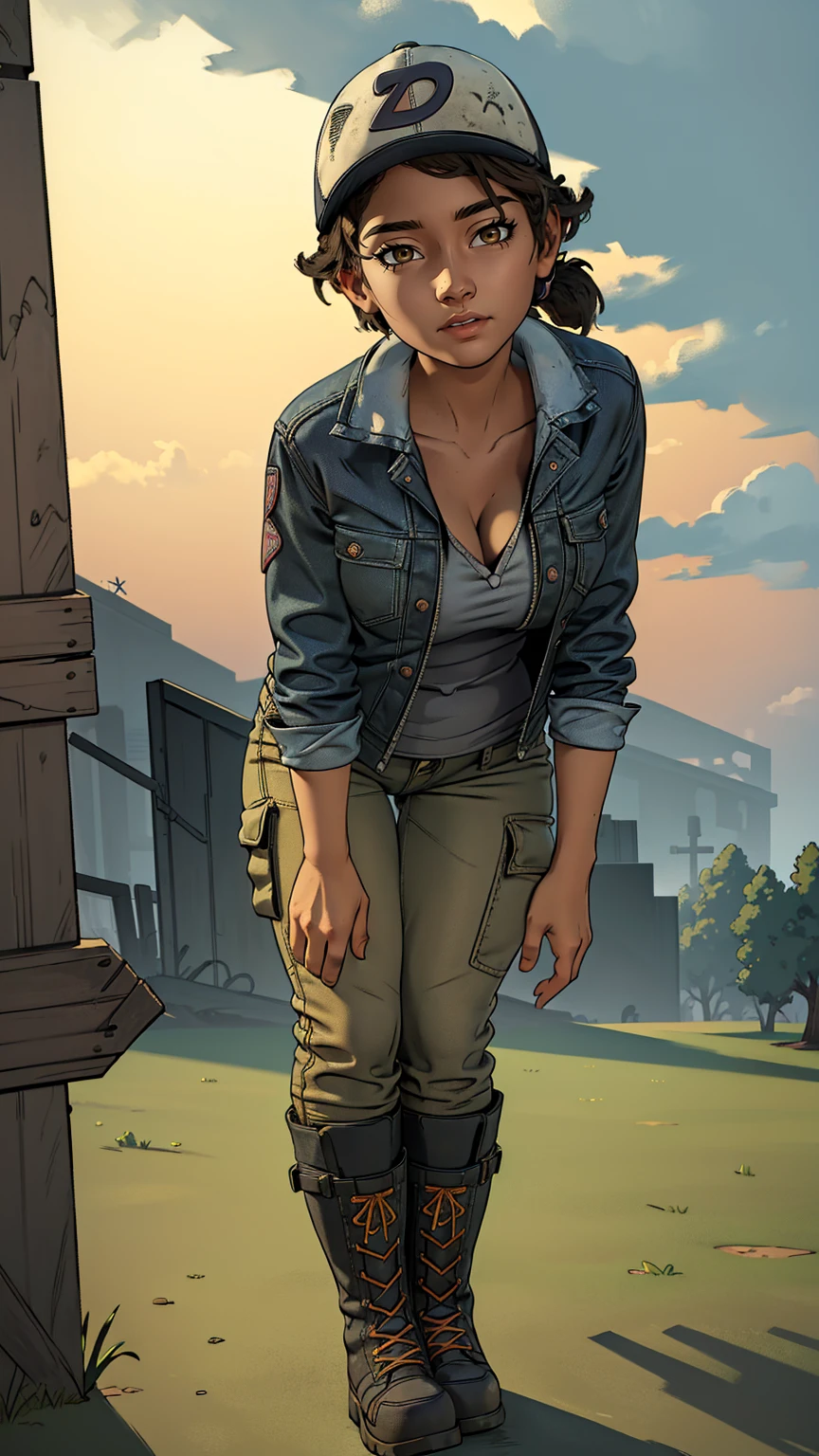 ((masterpiece, best quality)),(complex lighting) ,solo,(((1girl))) ,clementine, light skin,light-skinned female, baseball cap, green cargo pants, brown eyes, tight pants, combat boots, shirt, short hair, one short ponytail, open denim jacket, huge butt, thicc butt , (((8k))), (((full body))), (((bent over))), (((looking at the viewer))), (((view from in front of her))), big breasts