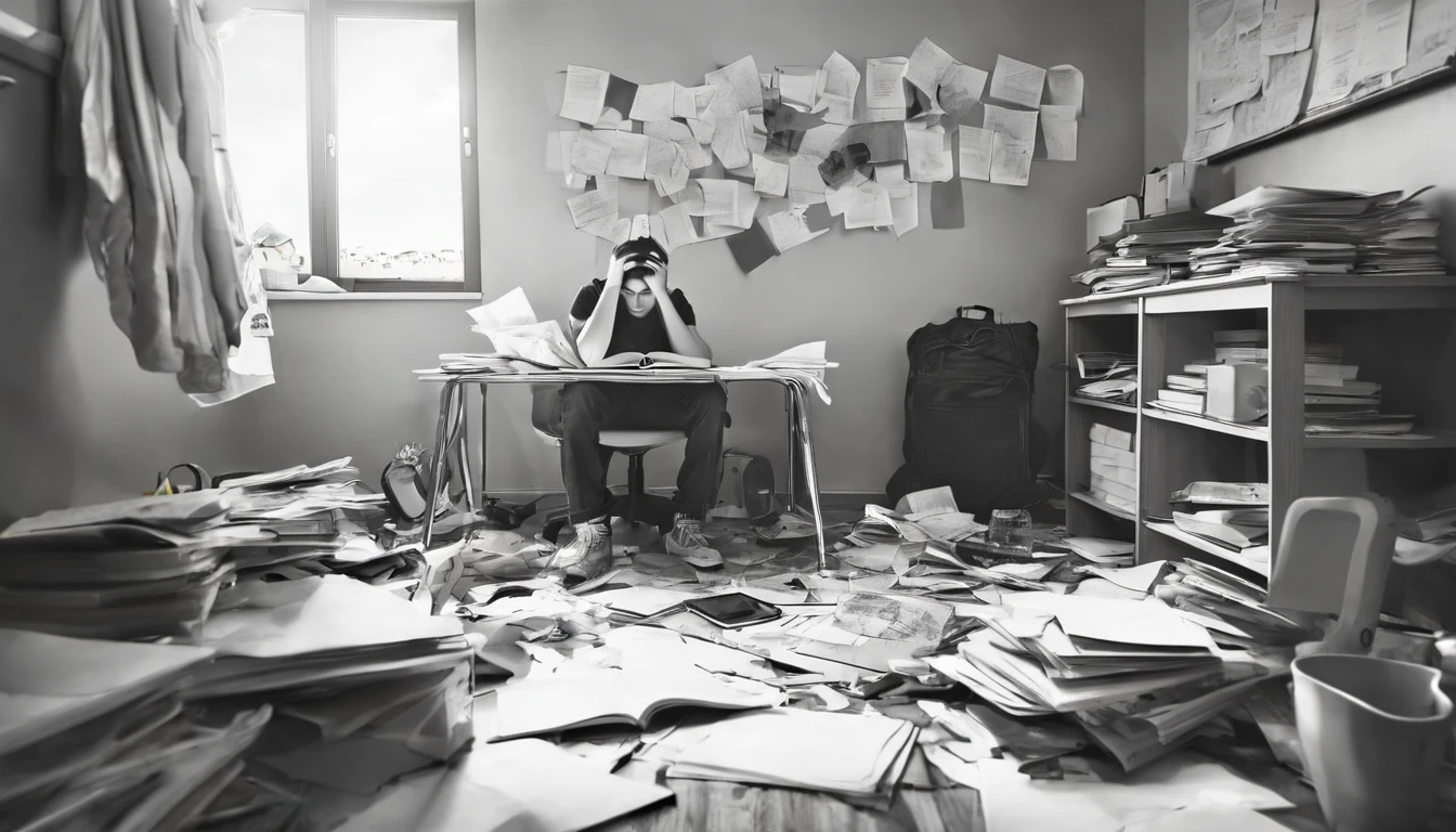 Draw a sketch illustration of a ager with a chaotic mind. The teen is sitting in the corner of a messy room, holding their head with disheveled hair. Surrounding them are various objects like scattered papers, open books, and gadgets lying around haphazardly. Their expression shows confusion and anxiety. Make the atmosphere of the image feel gloomy and stressful, with dim lighting and sharp shadows.