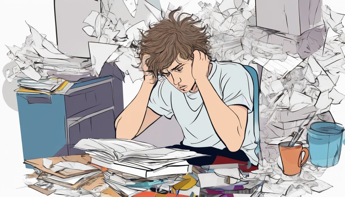Draw a sketch illustration of a ager with a chaotic mind. The teen is sitting in the corner of a messy room, holding their head with disheveled hair. Surrounding them are various objects like scattered papers, open books, and gadgets lying around haphazardly. Their expression shows confusion and anxiety. Make the atmosphere of the image feel gloomy and stressful, with dim lighting and sharp shadows.