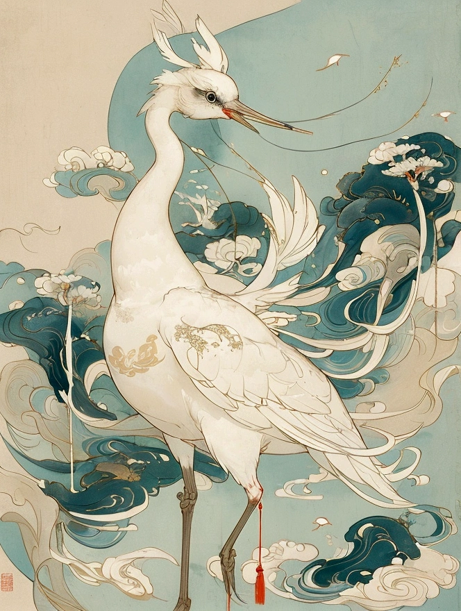 Song dynasty murals，Rice paper painting，Cyan light beige，Chinese eaves，Crane，white crane，White Space，Minimalist style，Fine brushwork，Extremely fine details，Exquisite style，New Chinese，landscape，Symmetrical composition