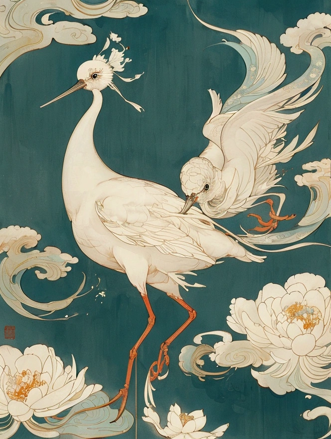 Song dynasty murals，Rice paper painting，Cyan light beige，Chinese eaves，Crane，white crane，White Space，Minimalist style，Fine brushwork，Extremely fine details，Exquisite style，New Chinese，landscape，Symmetrical composition