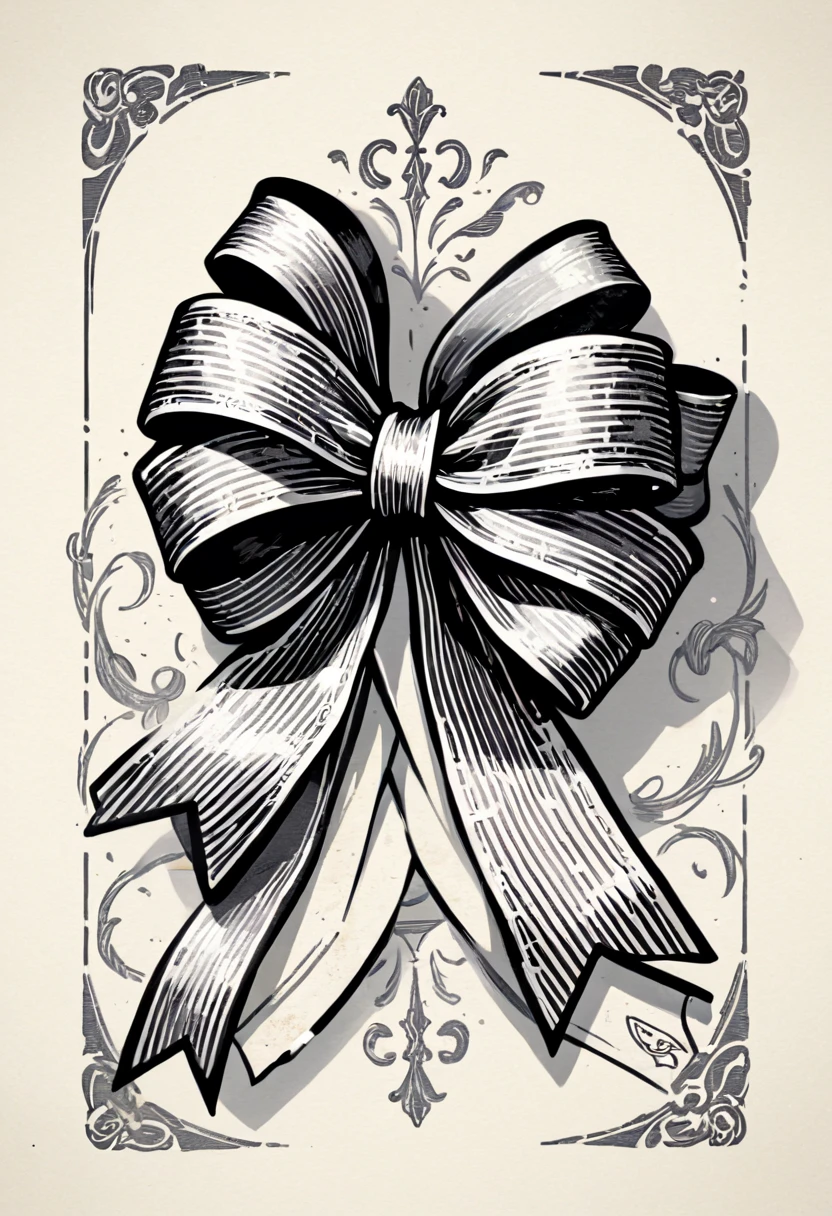 masterpiece、super beautiful、8K、Asymmetric、Long wavy ribbon、flat、An illustration of a ribbon tied in a bowknot, drawn with worn lines in the style of medieval black and white letterpress printing.