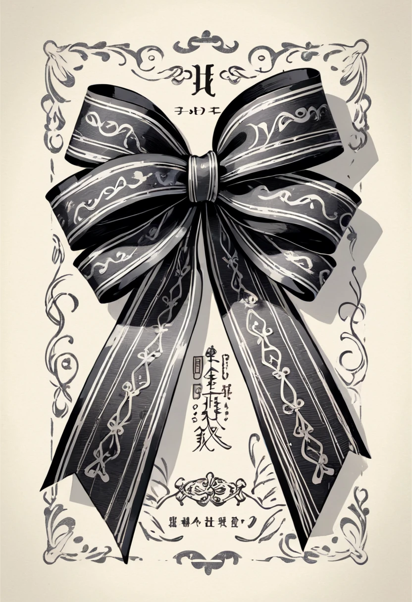 masterpiece、super beautiful、8K、Asymmetric、Long wavy ribbon、flat、An illustration of a ribbon tied in a bowknot, drawn with worn lines in the style of medieval black and white letterpress printing.