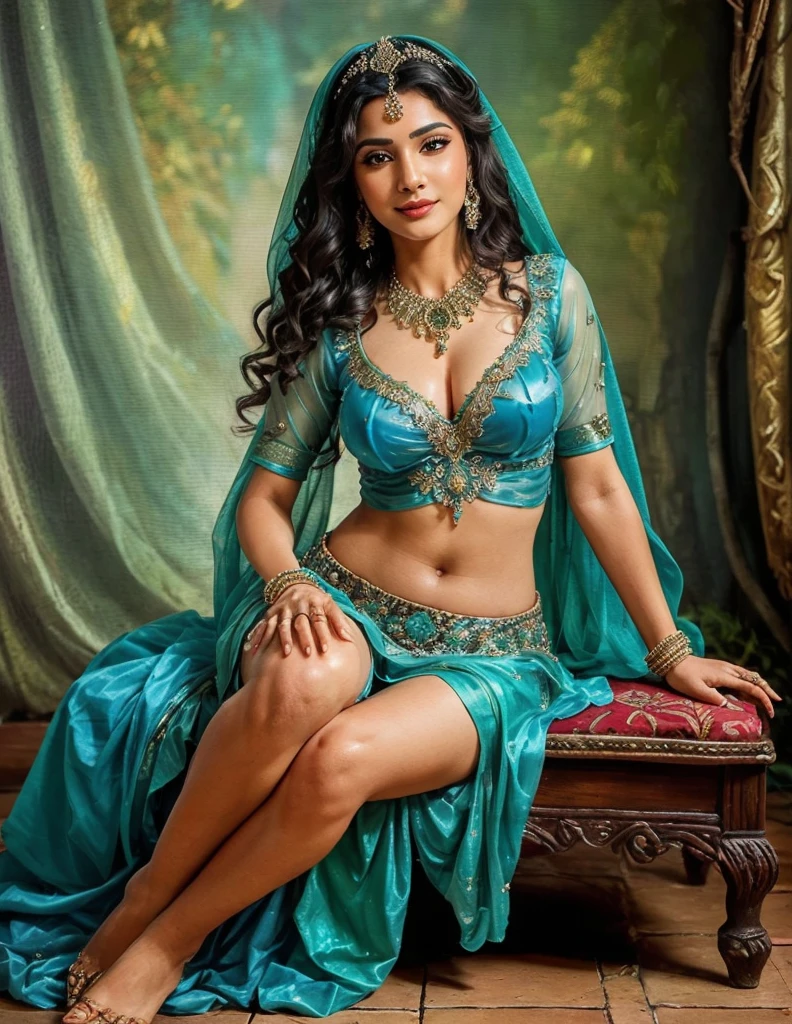 (((Stunningly Beautiful persian Princesss ))), elegant blue black updo hair, sweet smile, Beautiful bride posing under a fairy tale arch of exotic magical flowers, looking back,elaborate scene style, crystal glass lattice, glitter, transparent embroidered lace, realistic style, 8k,exposure blend, medium shot, bokeh, (cinematic), (hyperdetailed:1.2),Realism,1 girl,girl wearing indian saree(dressed in transparent saree)(wearing glitter graphics jewelry, medium ,Sexy medium Breast,nipple,bright light ,long_hair, Bokeh ,nsfw , indian ,tree branch, colourfull , princess dress,lehenga choli